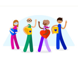 cartoon of four people holding heart shaped objects and celebrating