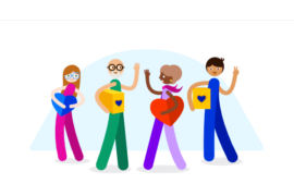 cartoon of four people holding heart shaped objects and celebrating