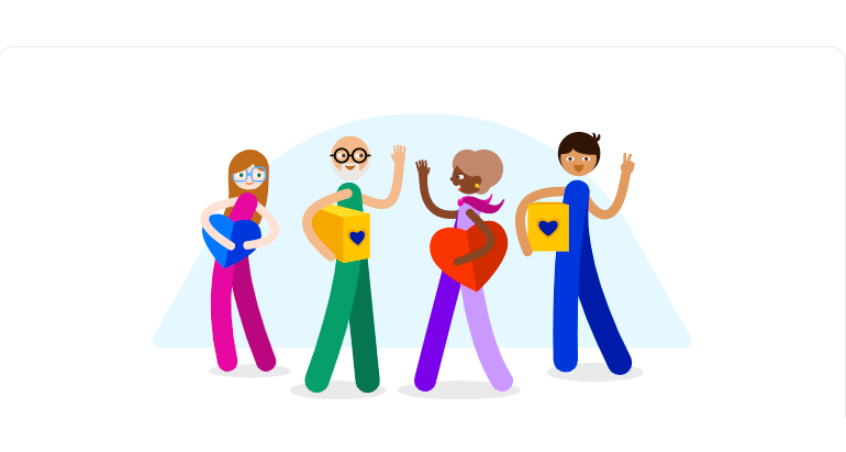 cartoon of four people holding heart shaped objects and celebrating