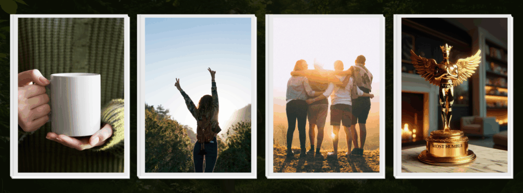 a 4 photo collage: a mug of tea, a photo of 4 people looking at the sunset, a photo of an award that reads "most humble", and a sillouhette of a person making the peace sign