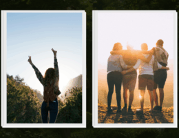 a 4 photo collage: a mug of tea, a photo of 4 people looking at the sunset, a photo of an award that reads "most humble", and a sillouhette of a person making the peace sign