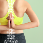 A lady doing Pashchima Namaskarasana (also known as Parshva Namaskarasana), or Reverse prayer yoga pose next to a diagram of a spinal column and pelvis