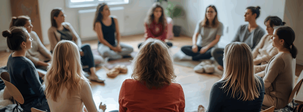 Fibromyalgia support group gathered in a calm, welcoming space. Group members chose between chairs and cushions.